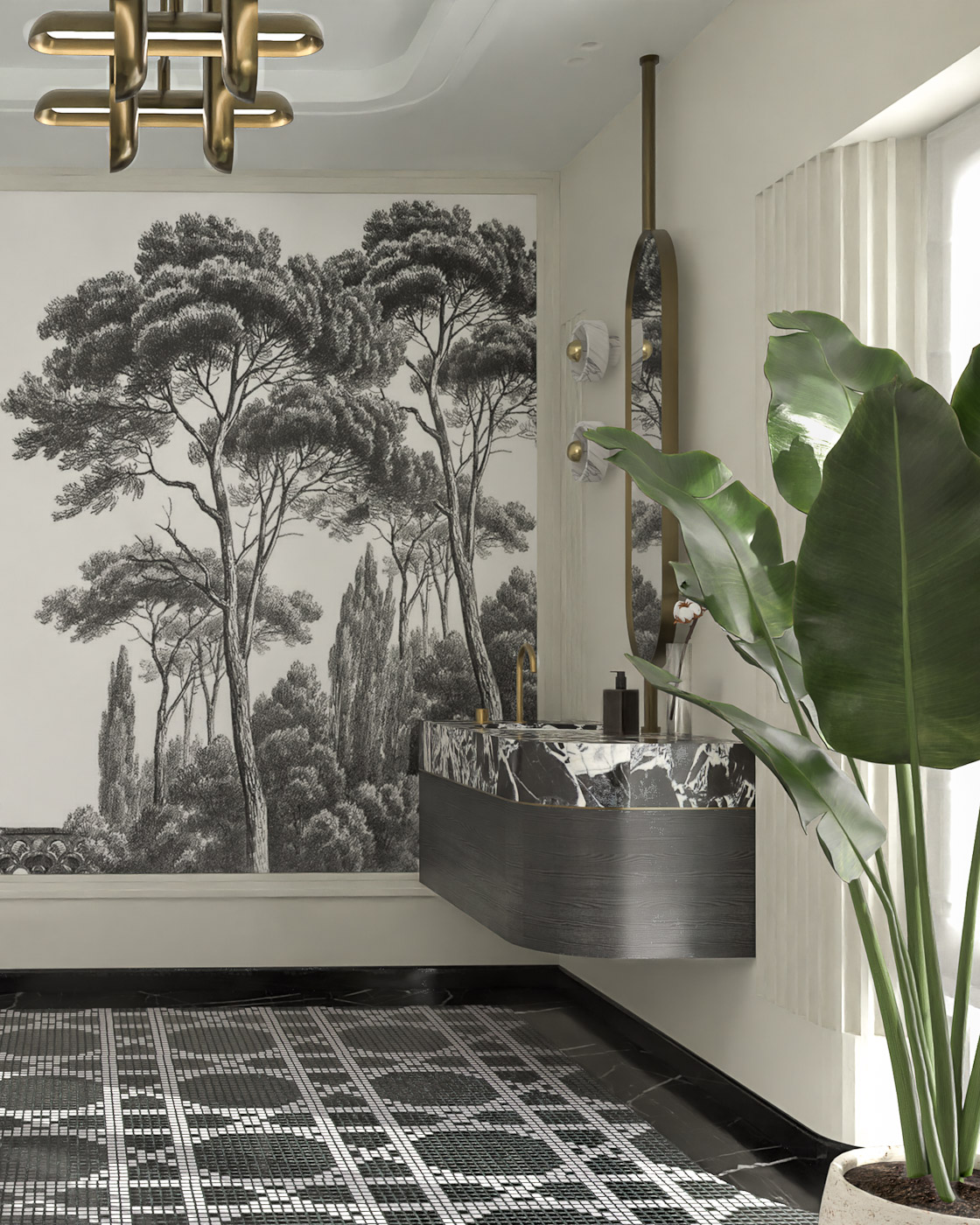 Salon kąpielowy w projekcie Flora SPA z geometryczną mozaiką na podłodze i zdobną tapetą z motywem śródziemnomorskich drzew wnętrze zaprojektowane przez Justynę Sońtę