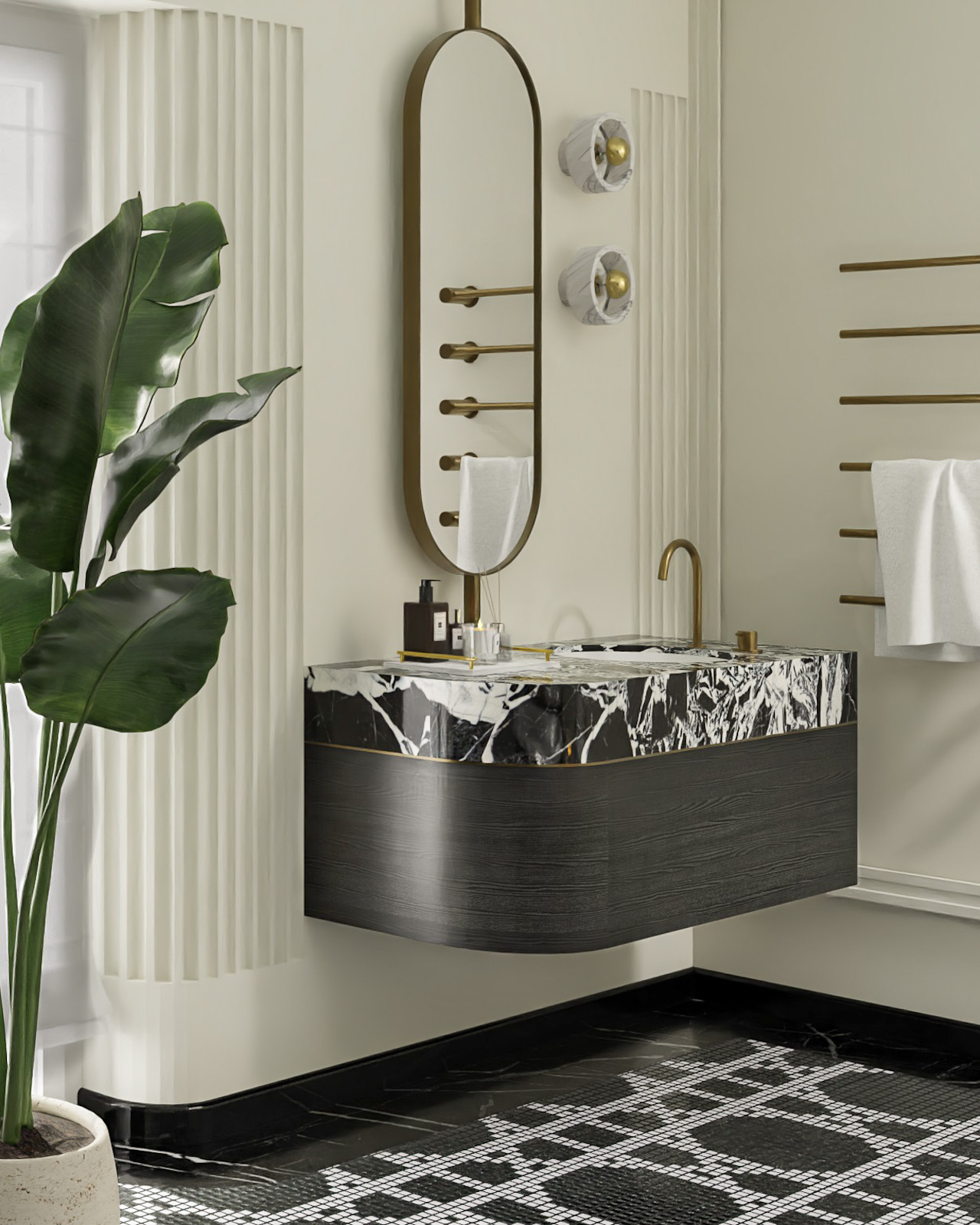 Salon kąpielowy w projekcie Flora SPA z geometryczną mozaiką na podłodze i podwieszaną półokrągłą konsolą wykończoną czarnym fornirem dębowym wnętrze zaprojektowane przez Justynę Sońtę