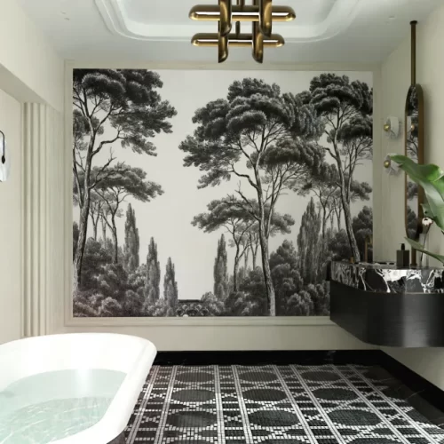 FLORA SPA glowne w stylu justyna sonta łazienka modern classic Widok na wnętrze klasycznej łazienki. Na podłodze biało-czarna mozaika w geometryczny wzór, wanna wolnostojąca, na ścianie na wprost tapeta biało czarna z drzewami. po prawej stronie okno i duża roślina egzotyczna w donicy - Warszawa W stylu Justyny